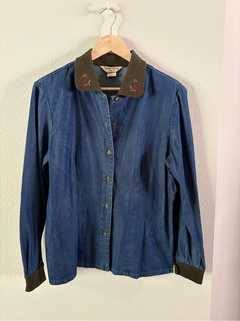 90s Butter Mom Blue Denim Jacket Brown Embroidered Collar size 8 Sharon Youn